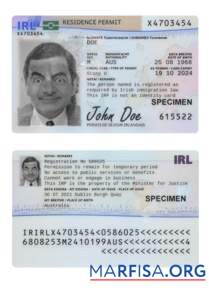 Realistic Ireland residence permit 2021 present example